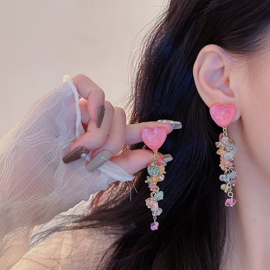 Earring Heart Acrylic Floral Dangle