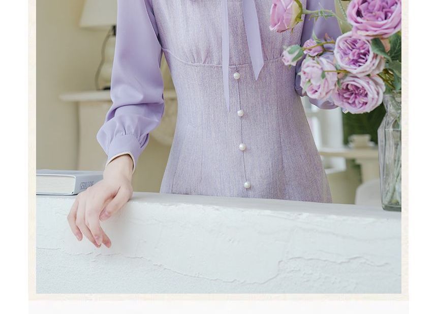 Long-Sleeve Tie-Neck Mock Two-Piece Faux Pearl Buttoned Midi A-Line Dress
