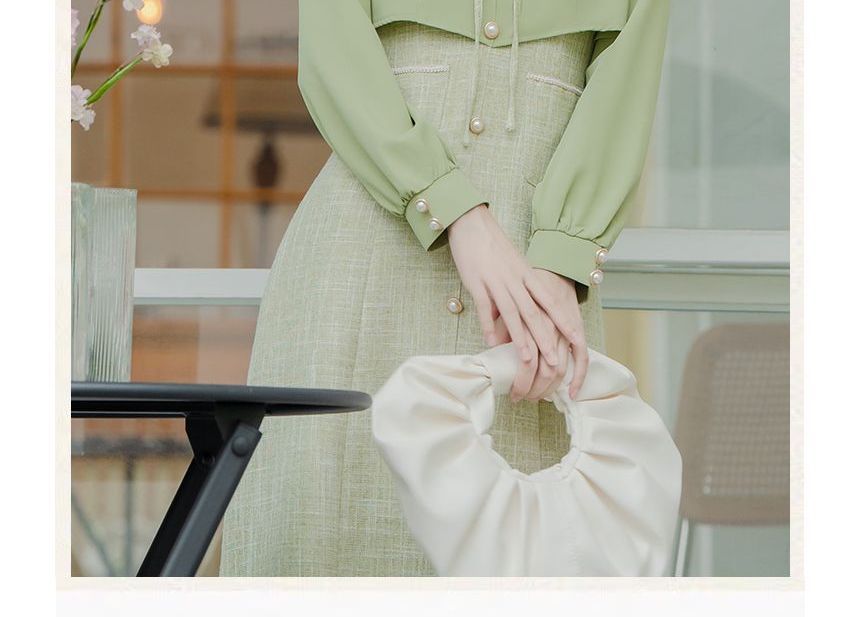 Long-Sleeve Collared Mock Two-Piece Tweed Panel Faux Pearl Buttoned Midi A-Line Dress