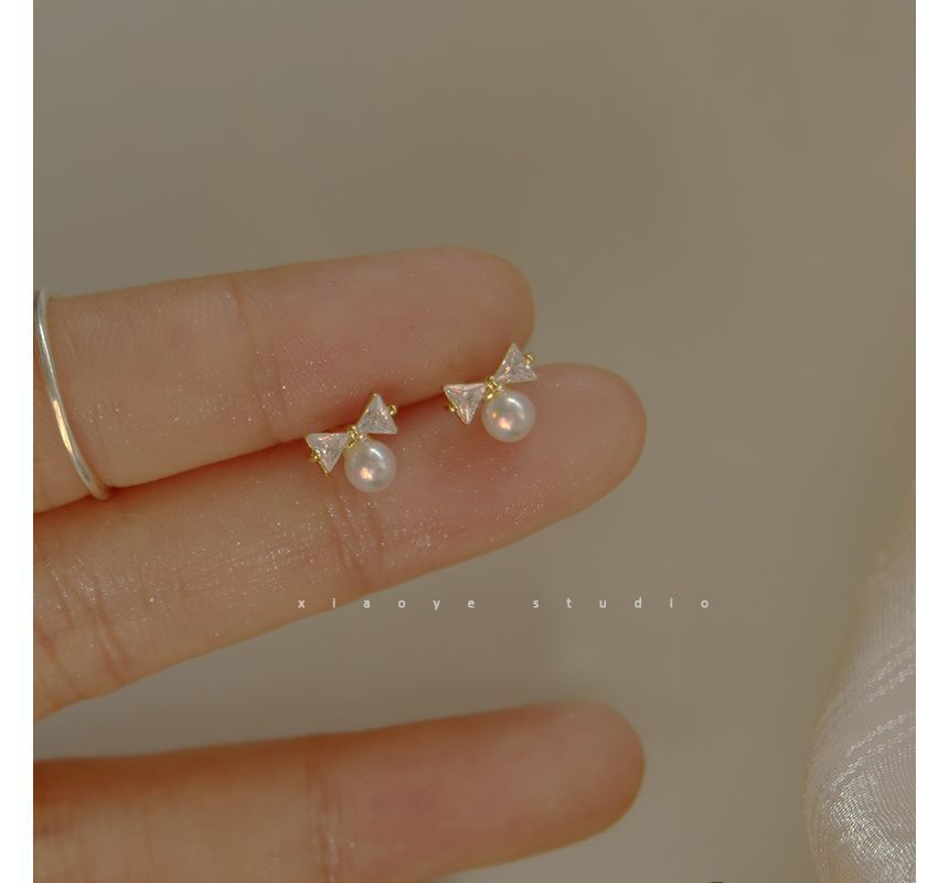 Bow Pearl Earring Sterling Rhinestone Silver Faux Stud