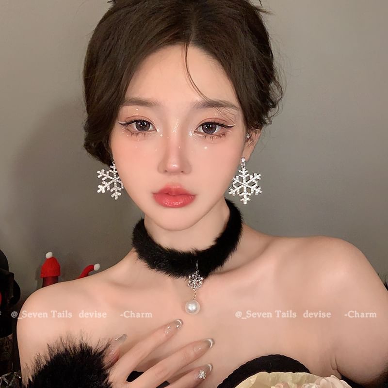 Chandelier Drop Christmas Earring Bracelet Set Choker Tree Snowflake Fluffy /