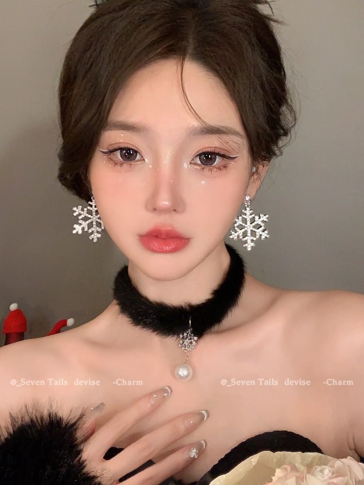 Chandelier Drop Christmas Earring Bracelet Set Choker Tree Snowflake Fluffy /