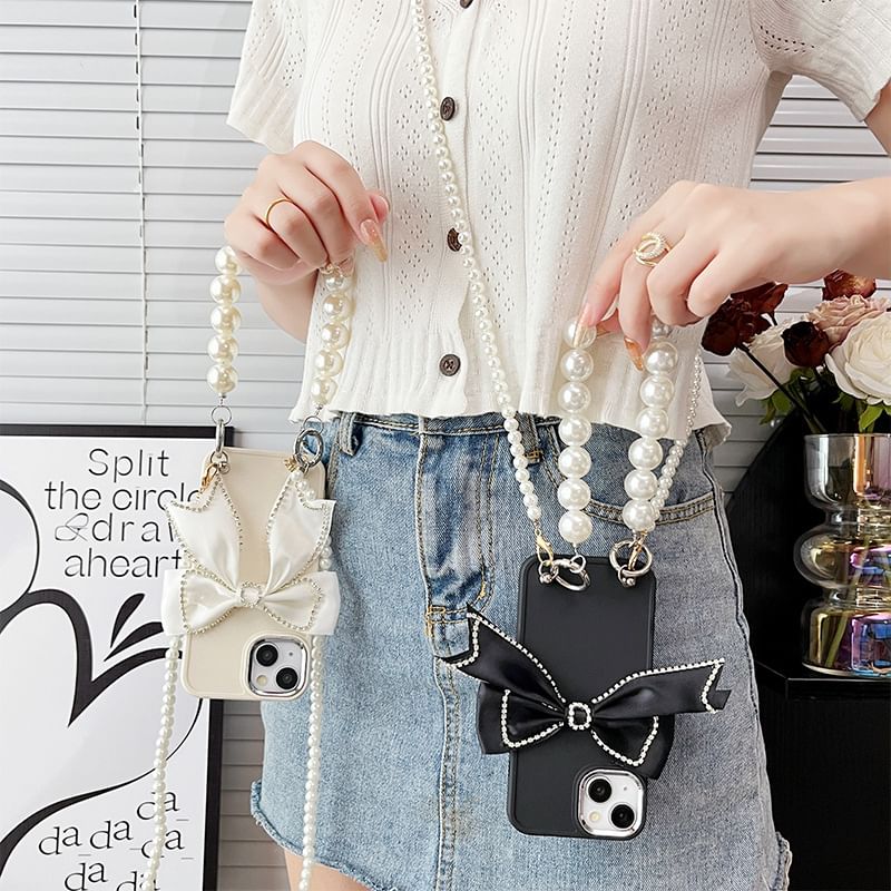 Phone Bow Faux Case Pearl Lanyard