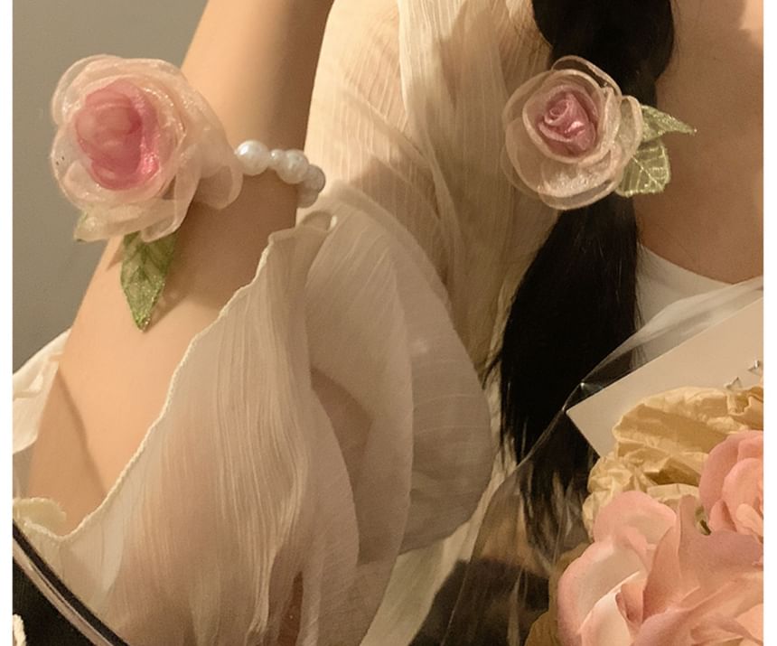 Clip Faux Scrunchie Pearl Hair Designs) Rose / Mesh Tie (Various Clamp