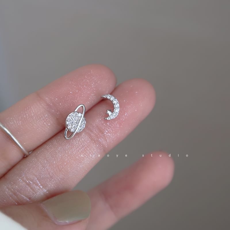 Earring Rhinestone Moon Sterling Silver Stud Asymmetrical