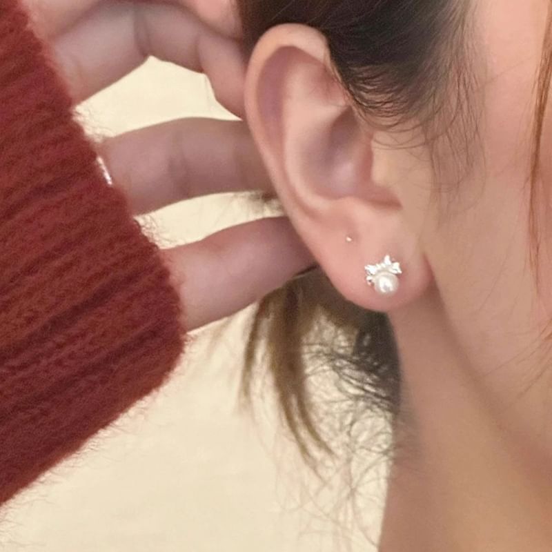 Silver Barbell Sterling Bow Earring Pearl Faux