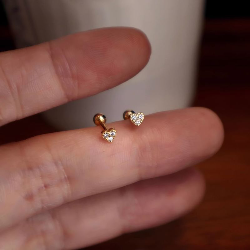 Sterling Heart Silver Earring Barbell Rhinestone