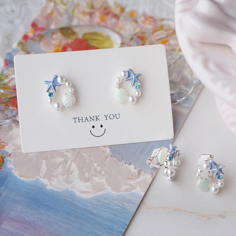 Shell Alloy Stud Earring Faux Starfish Pearl