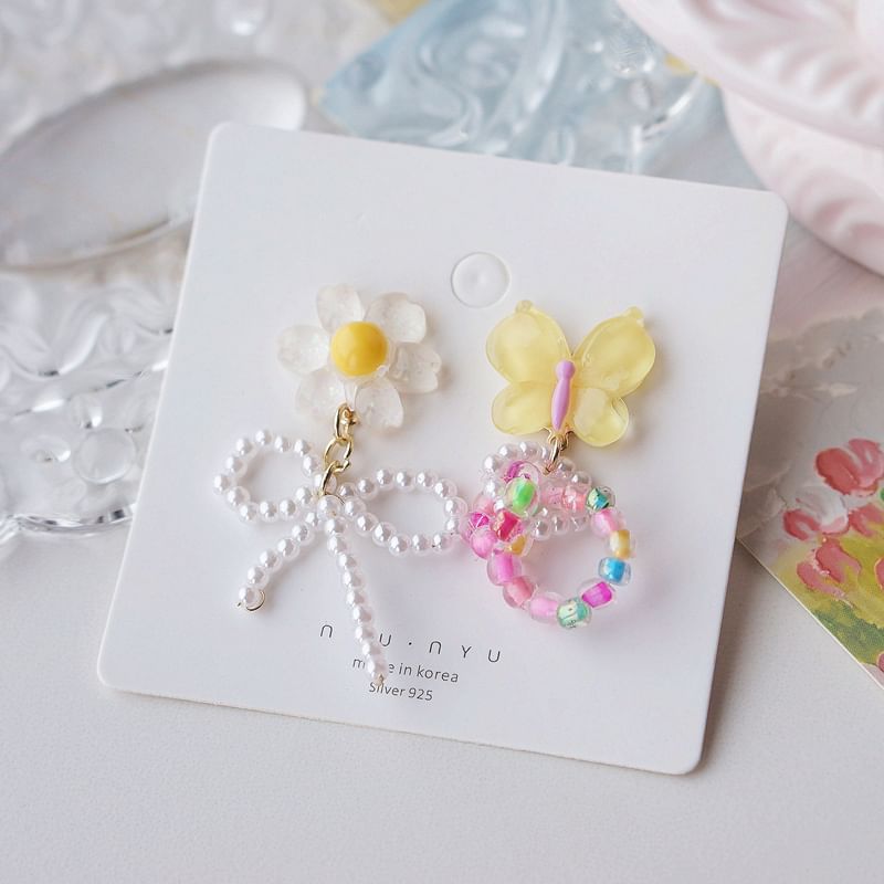 Earring Asymmetrical Flower Drop On / Clip Beaded