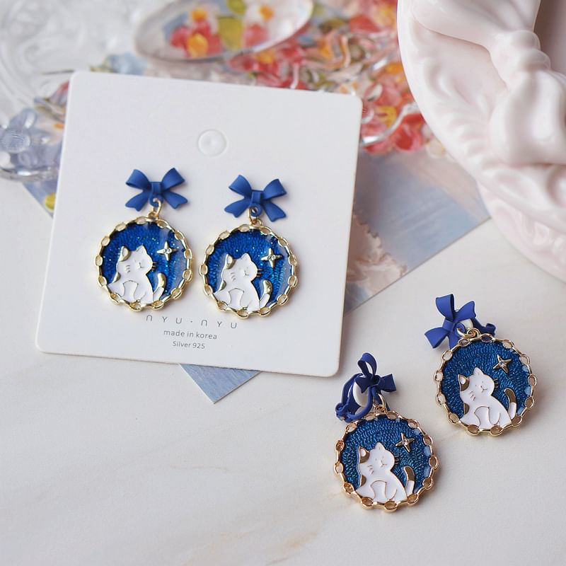/ Cat Drop Enamel Clip On Bow Earring