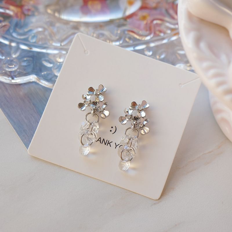 Floral Faux Clip-On / Crystal Rhinestone Drop Earring