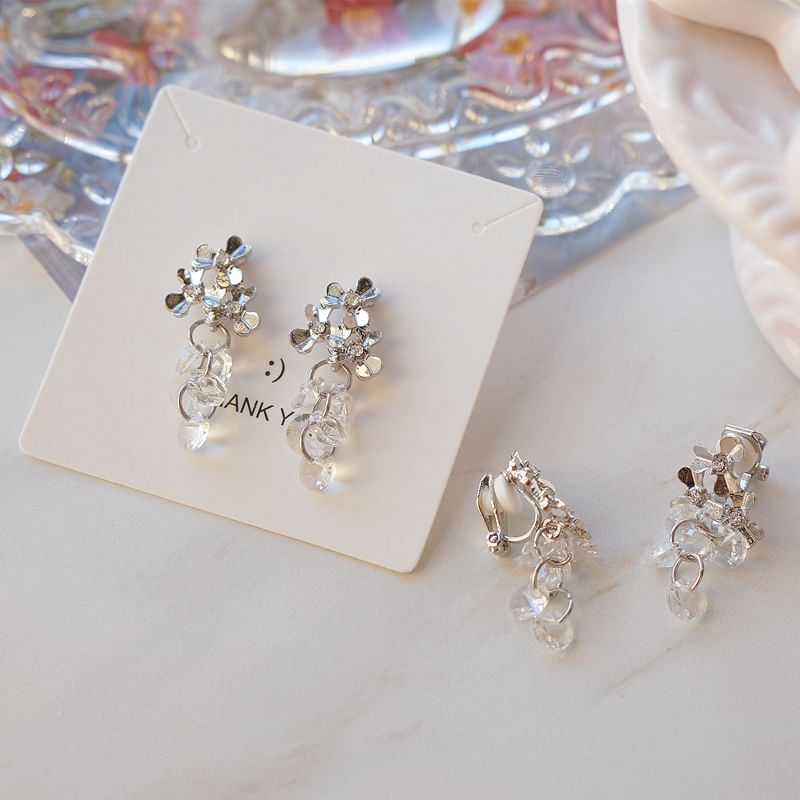 Floral Faux Clip-On / Crystal Rhinestone Drop Earring