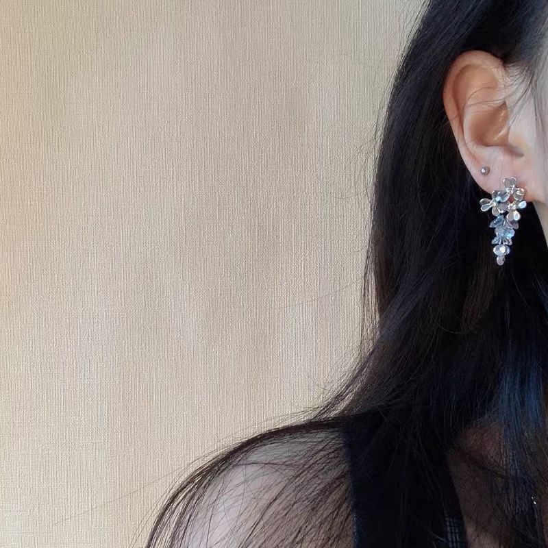 Floral Faux Clip-On / Crystal Rhinestone Drop Earring