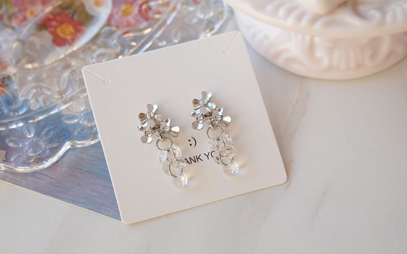 Floral Faux Clip-On / Crystal Rhinestone Drop Earring