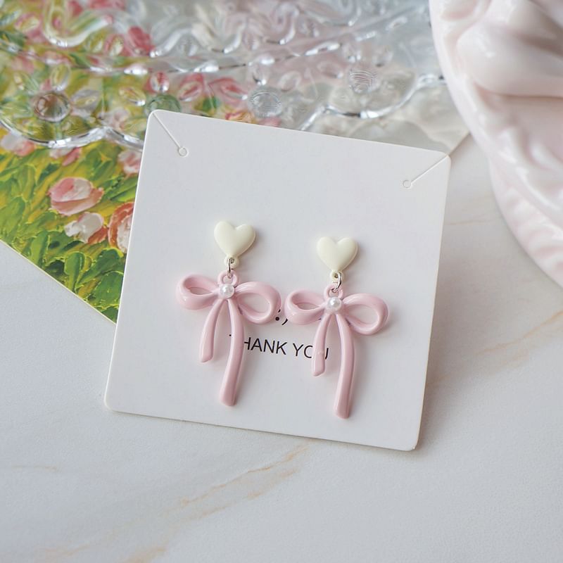 Heart Earring / Clip-On Pearl Drop Bow Faux