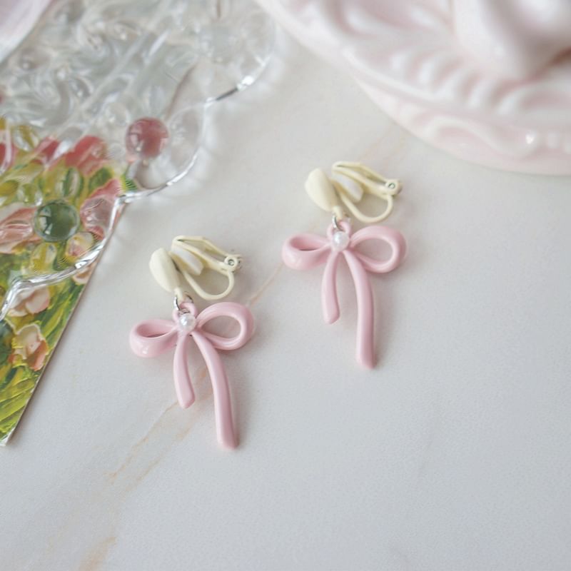 Heart Earring / Clip-On Pearl Drop Bow Faux