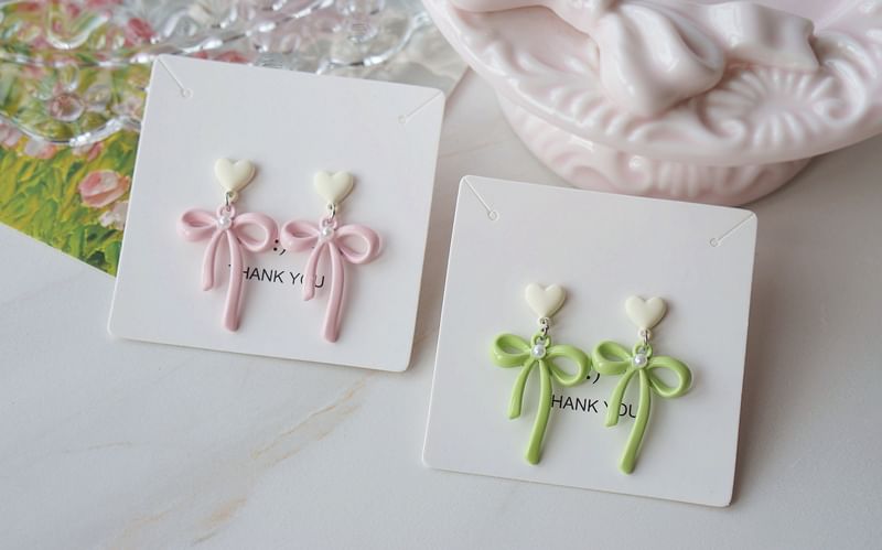 Heart Earring / Clip-On Pearl Drop Bow Faux