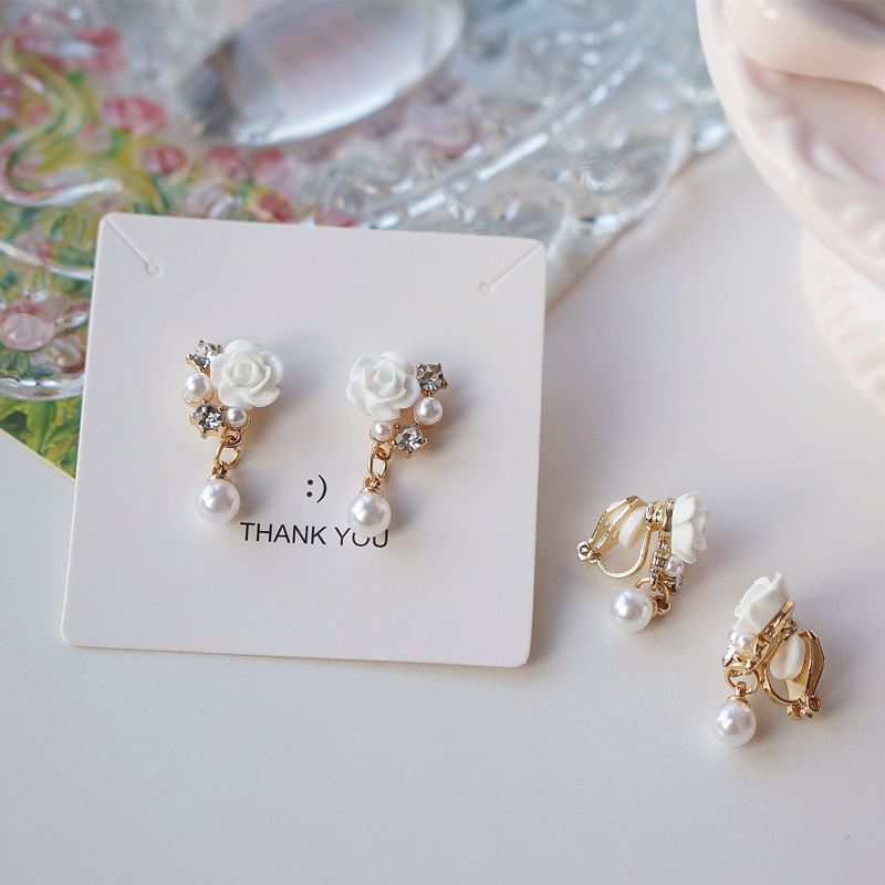 Rhinestone Pearl Faux Earring Clip-On Drop Floral /