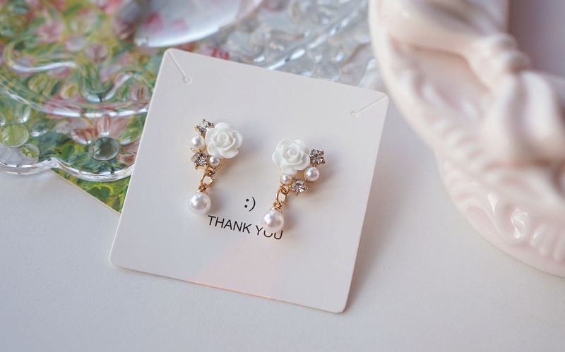 Rhinestone Pearl Faux Earring Clip-On Drop Floral /