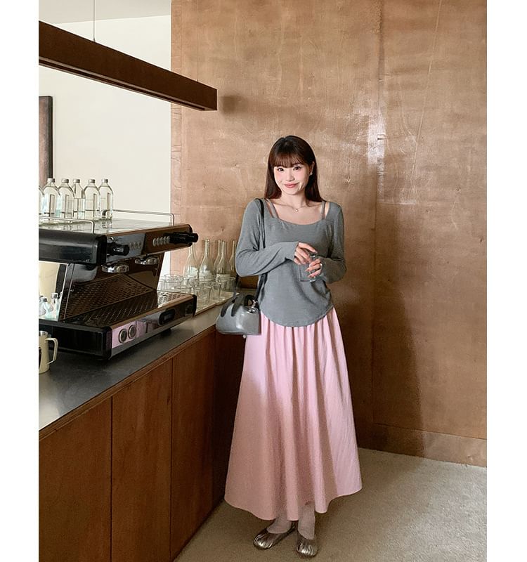 Long-Sleeve Square-Neck Plain Cutout Tee