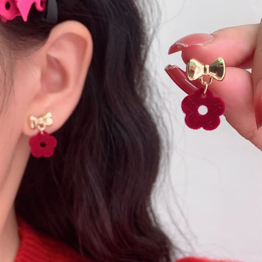 Earring Drop Bow Floral Clip-On /