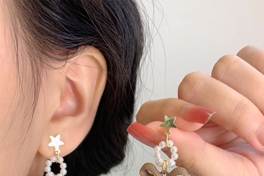 Faux Earring Clip-On Drop Bow Pom / Pearl