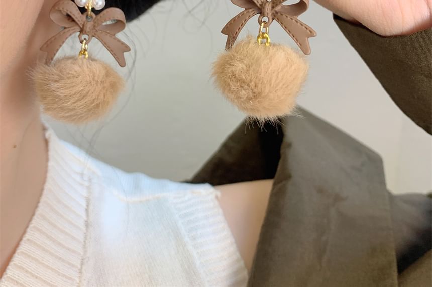Faux Earring Clip-On Drop Bow Pom / Pearl