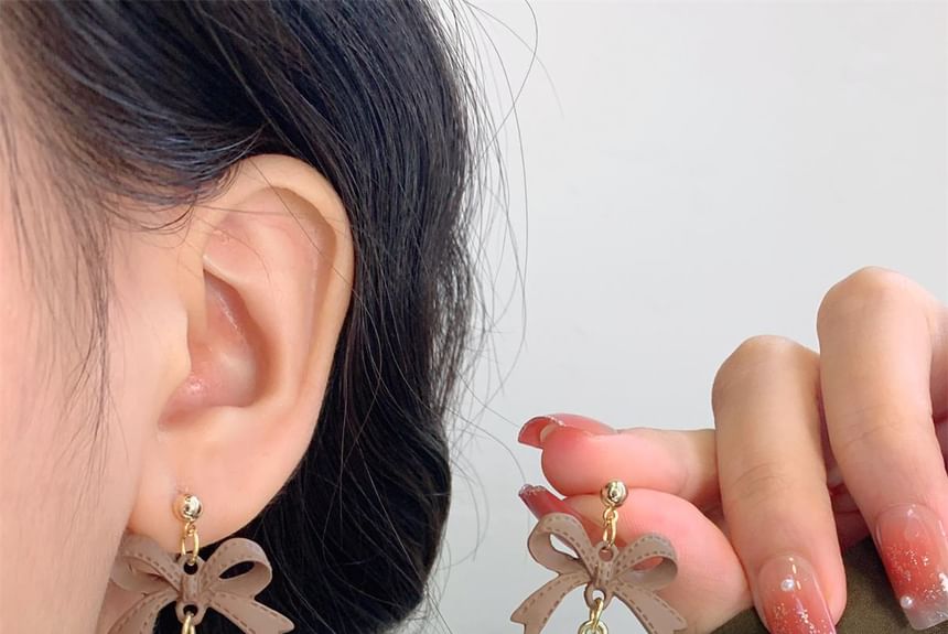 Faux Earring Clip-On Drop Bow Pom / Pearl