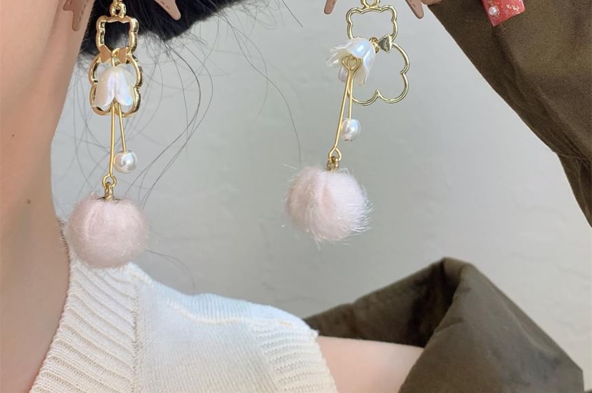 Faux Earring Clip-On Drop Bow Pom / Pearl