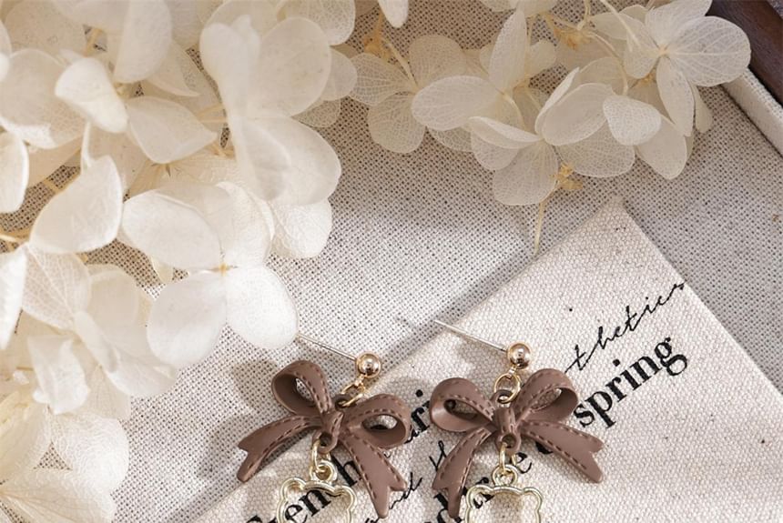 Faux Earring Clip-On Drop Bow Pom / Pearl