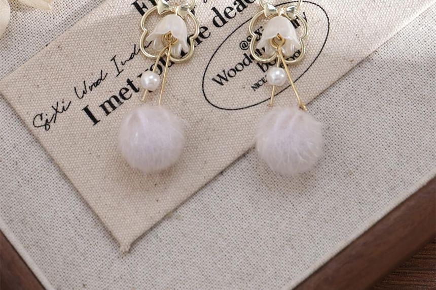 Faux Earring Clip-On Drop Bow Pom / Pearl