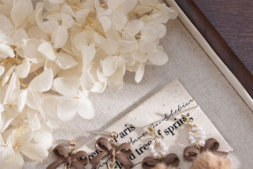 Faux Earring Clip-On Drop Bow Pom / Pearl
