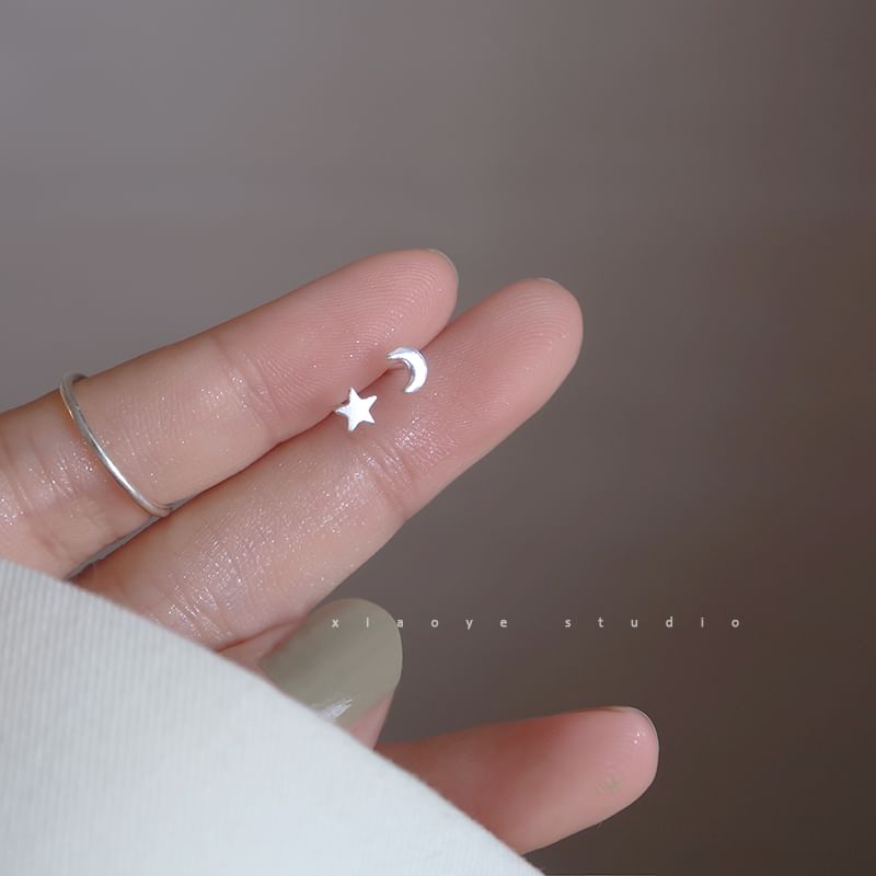 Asymmetrical Stud 925 Star Sterling Crescent Earring Silver