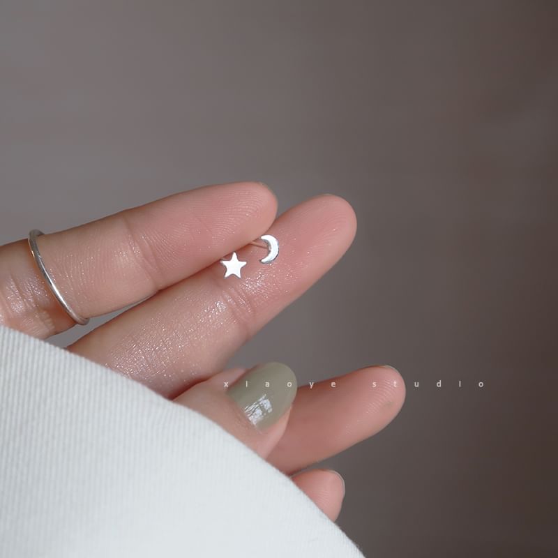 Asymmetrical Stud 925 Star Sterling Crescent Earring Silver