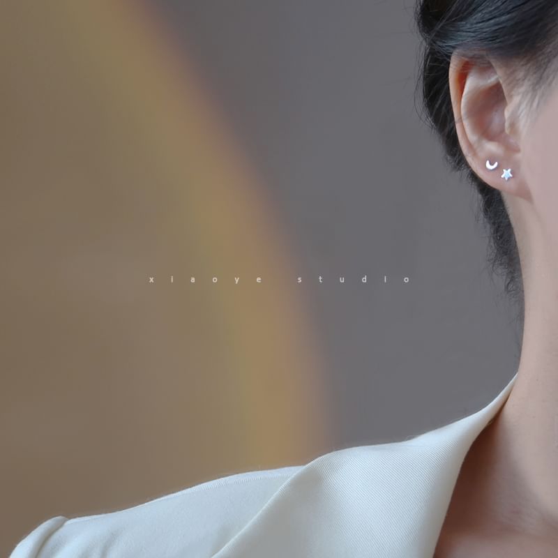 Asymmetrical Stud 925 Star Sterling Crescent Earring Silver