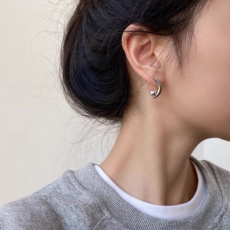 Crescent Stud Sterling Faux 925 Silver Pearl Earring