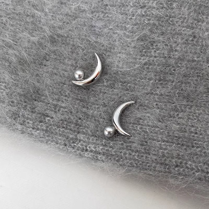 Crescent Stud Sterling Faux 925 Silver Pearl Earring