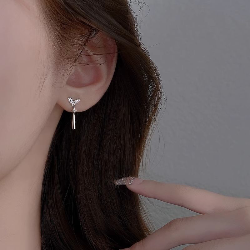 Silver Rhinestone Sterling 925 Drop Earring Leaf