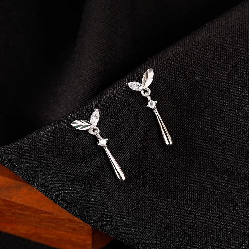 Silver Rhinestone Sterling 925 Drop Earring Leaf