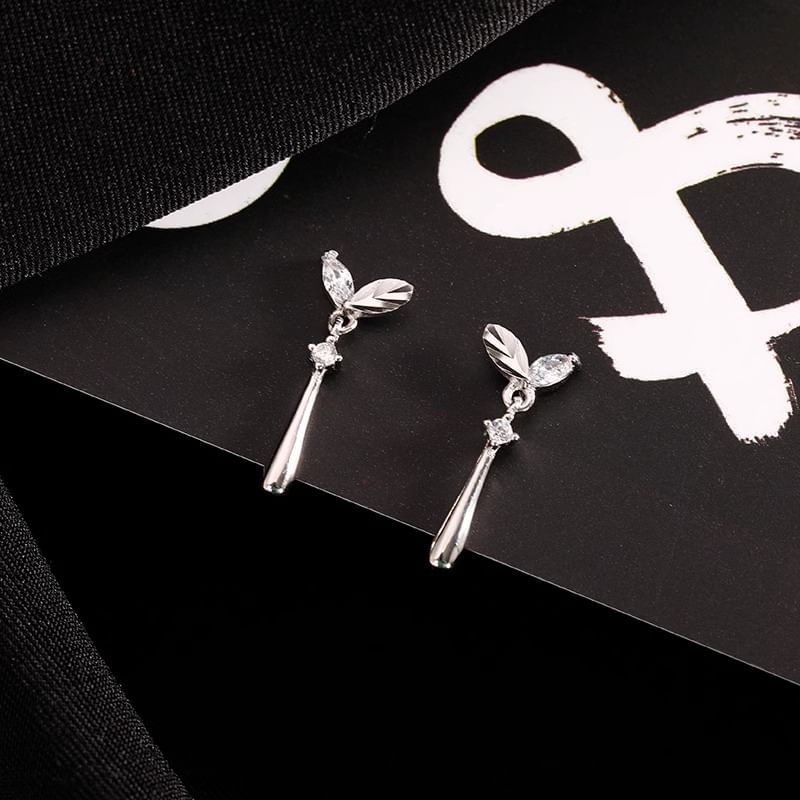 Silver Rhinestone Sterling 925 Drop Earring Leaf