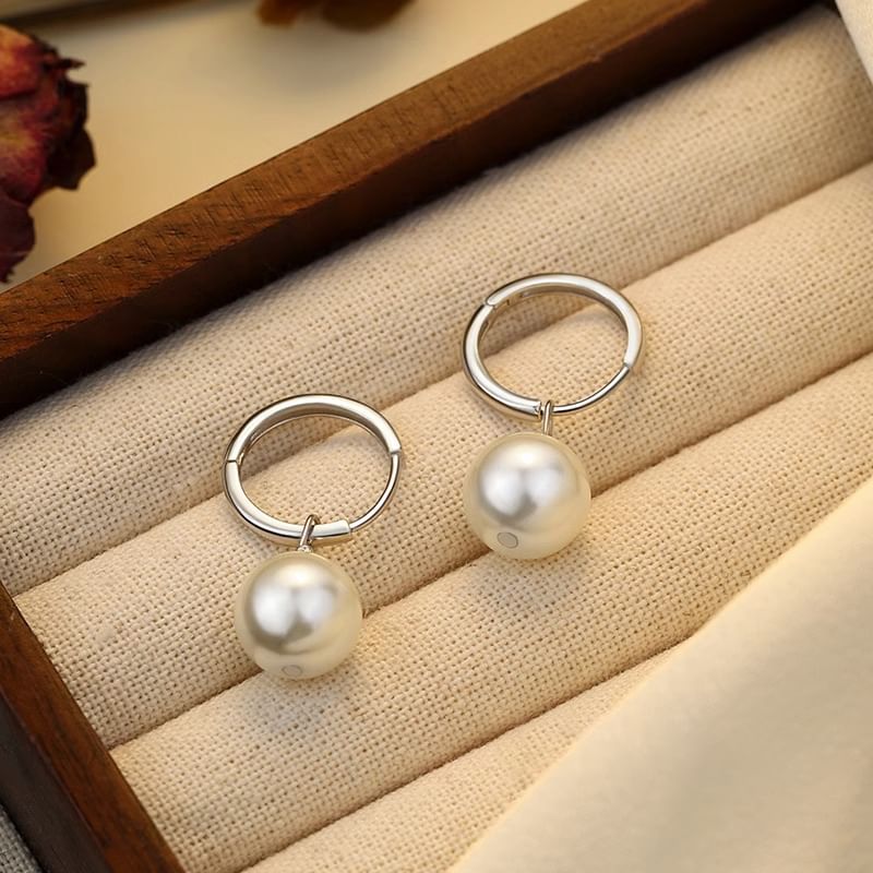 925 Drop Faux Hoop Silver Sterling Earring Pearl