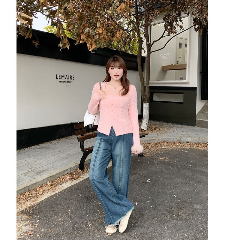 Long-Sleeve Square-Neck Plain Fluffy Knit Top