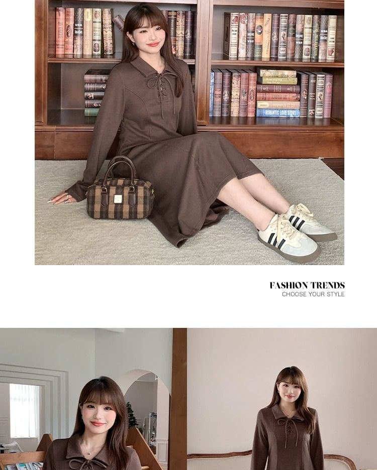 Long-Sleeve Polo-Neck Plain Lace-Up Midi A-Line Dress