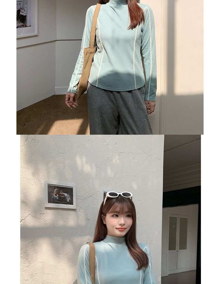 Long-Sleeve High Neck Contrast Trim Knit Top