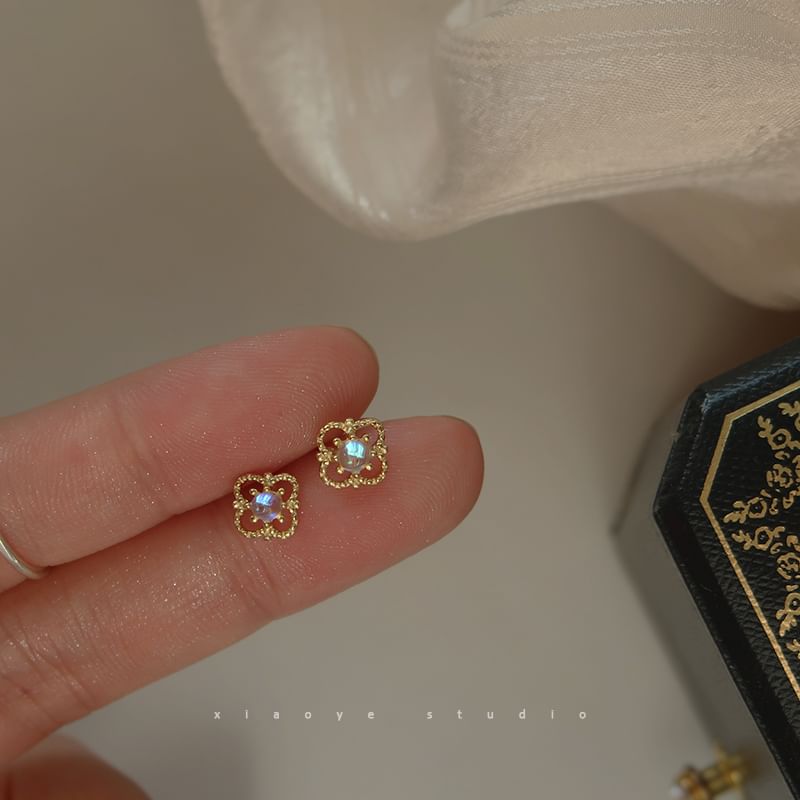 Clover S925 Stud Sterling Earring Silver Rhinestone