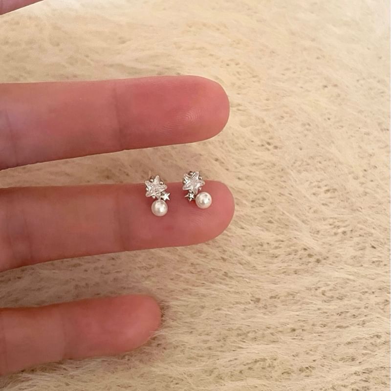 Faux Rhinestone Star Pearl Earring Drop Alloy