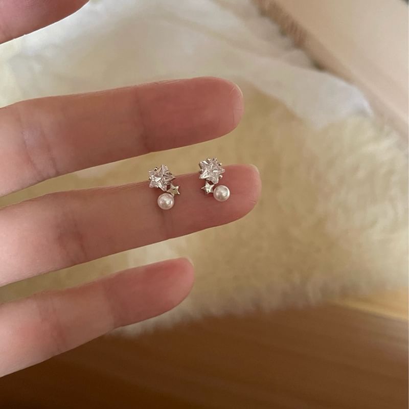 Faux Rhinestone Star Pearl Earring Drop Alloy