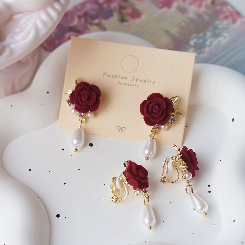 Clip Faux / On Pearl Rose Earring Drop