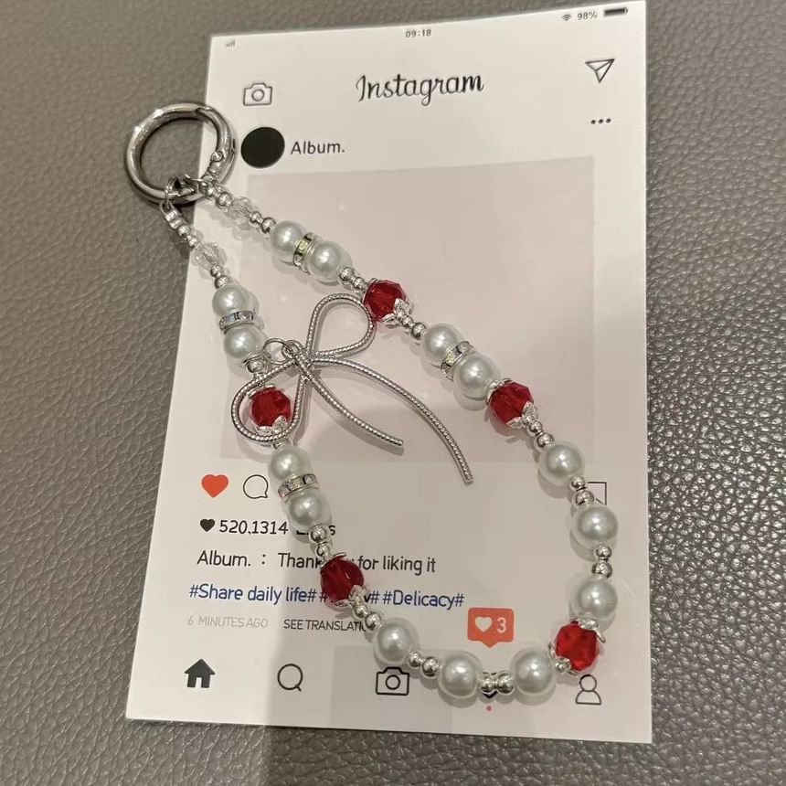 Bow Faux Pad Phone Lanyard with Pearl Strap