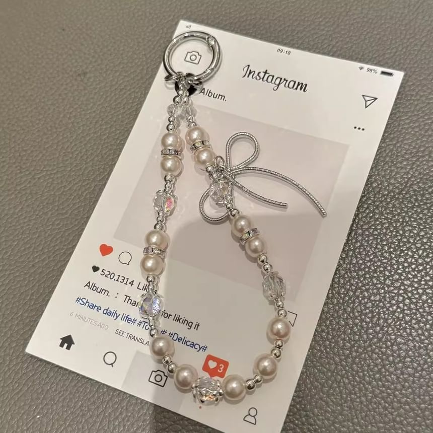 Bow Faux Pad Phone Lanyard with Pearl Strap